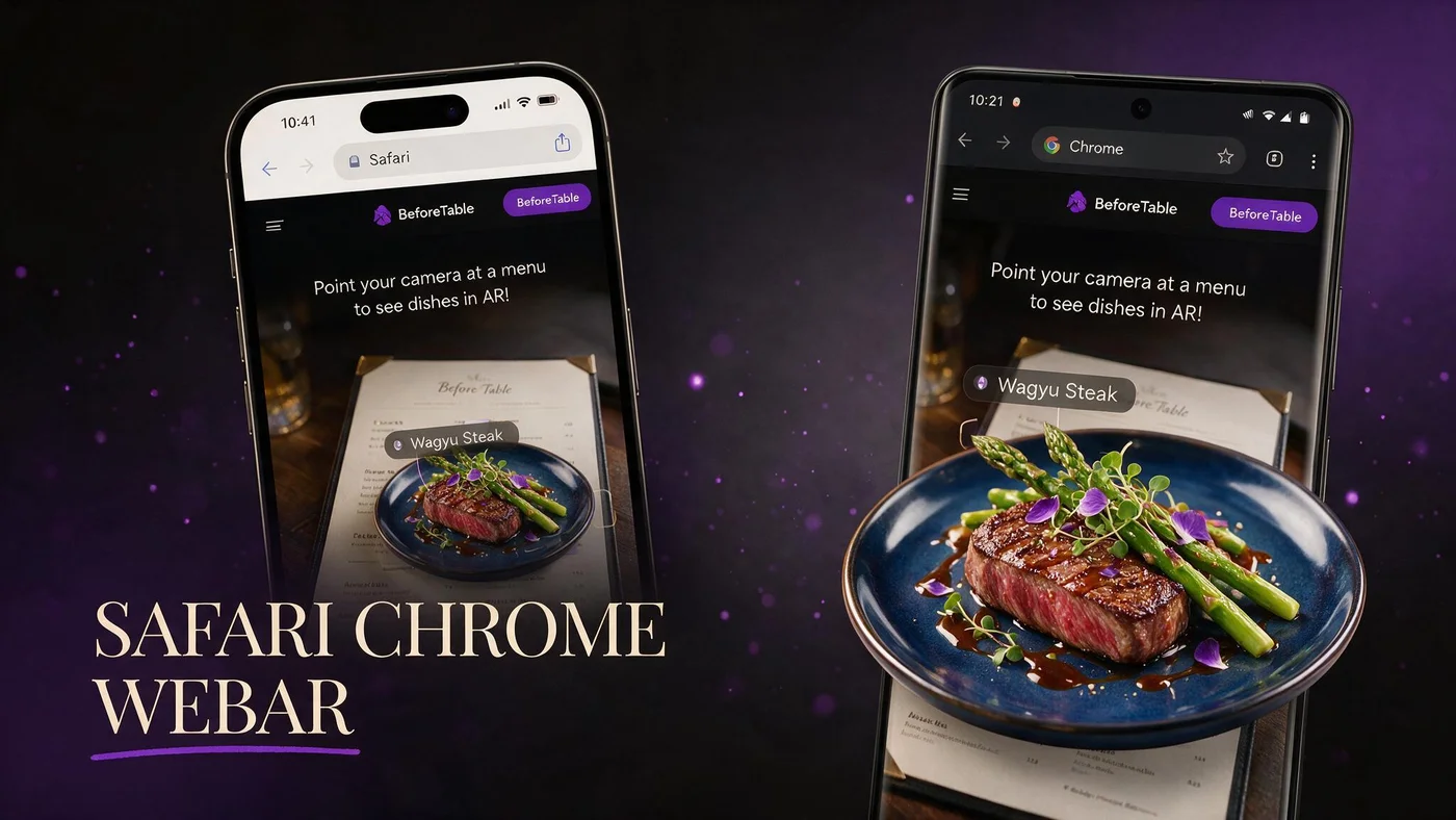 WebAR Menu on Safari and Chrome: iPhone and Android Guide for Restaurants in 2026 iPhone Safari and Android Chrome side by side showing the same WebAR 3D restaurant dish preview