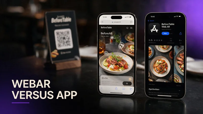 Restaurant guest comparing WebAR dish preview in iPhone Safari against a separate app download prompt at a US independent dining room table