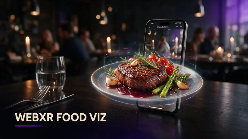 Phone screen showing a WebXR augmented reality food visualization of a dish placed on a restaurant table