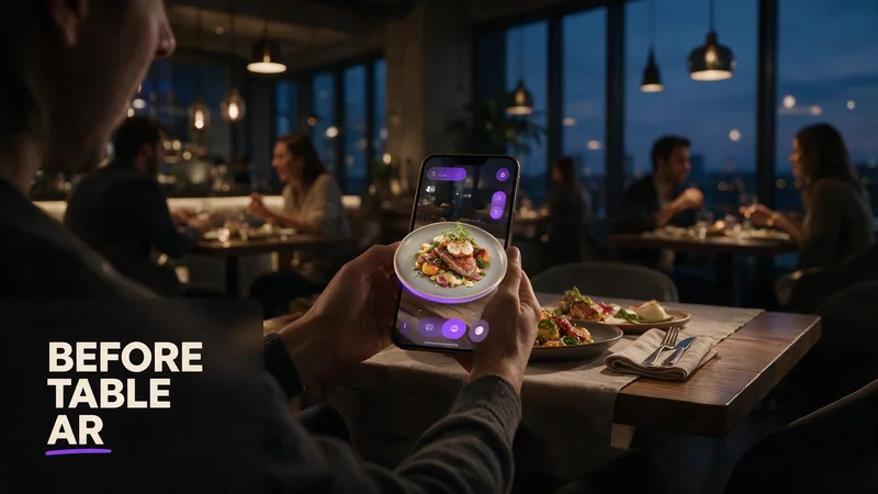 Guest at a restaurant table using a phone to preview a dish in AR under Before Table brand styling