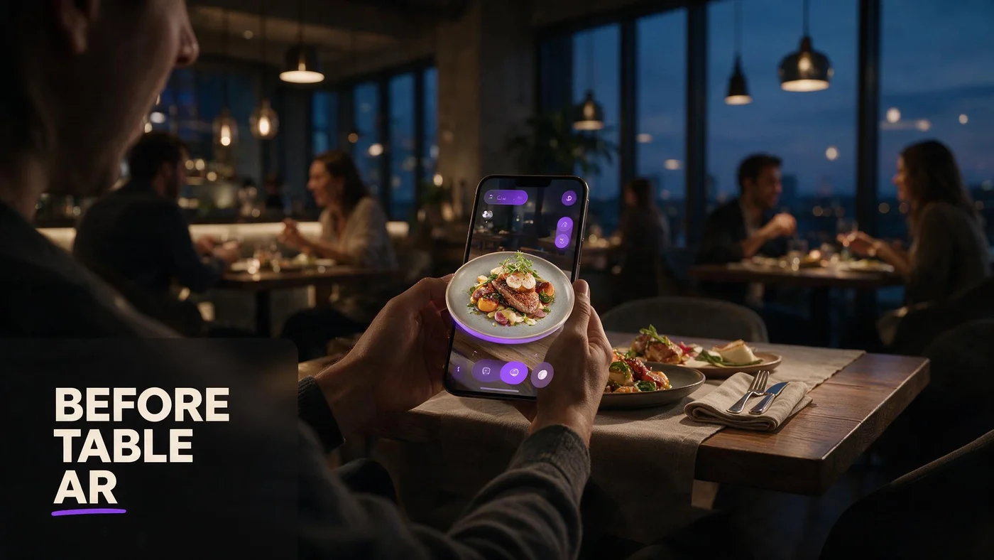 What Is Before Table? BeforeTable WebAR Restaurant Menu Explained (2026) Guest at a restaurant table using a phone to preview a dish in AR under Before Table brand styling