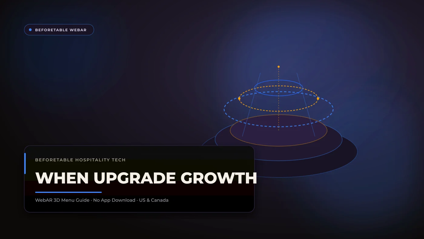 When to Upgrade to Growth: Multi-Section Menus and Floor Plans An interactive restaurant floor plan table grid displayed on a tablet alongside a 50-dish 3D AR menu catalog